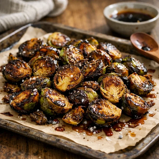 Crispy Roasted Brussel Sprouts with Honey Balsamic Glaze