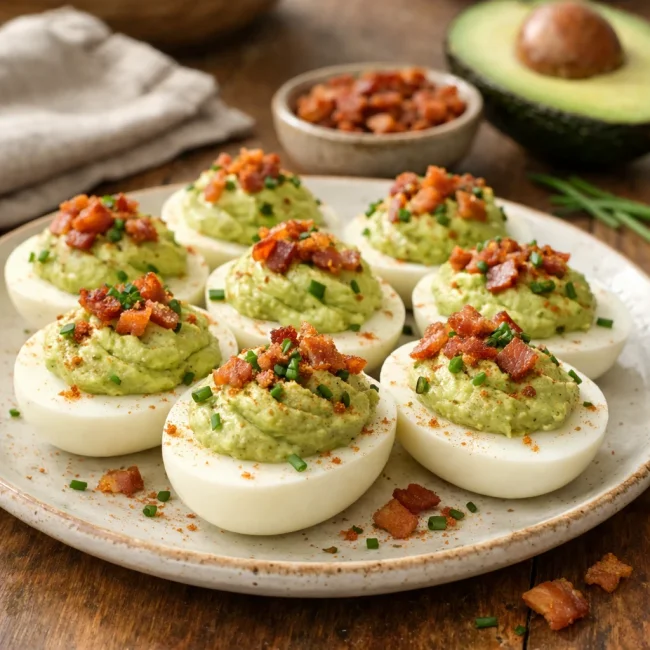 Deviled Eggs with Avocado and Bacon
