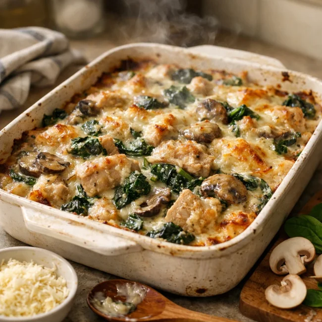 Easy Creamy Spinach & Mushroom Chicken Casserole