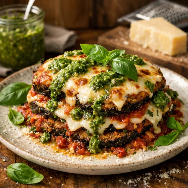 Eggplant Parmesan with Basil Pesto