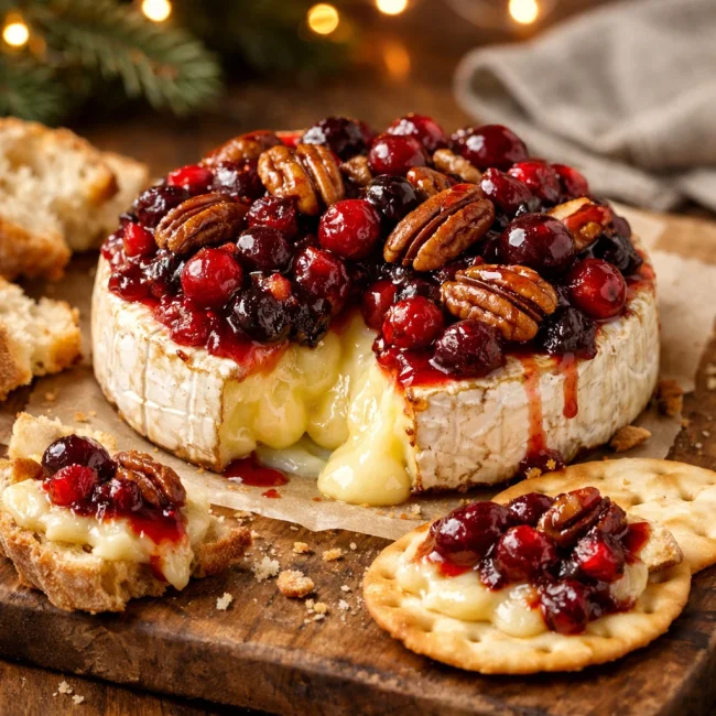 Festive Baked Brie with Cranberry Pecan Topping