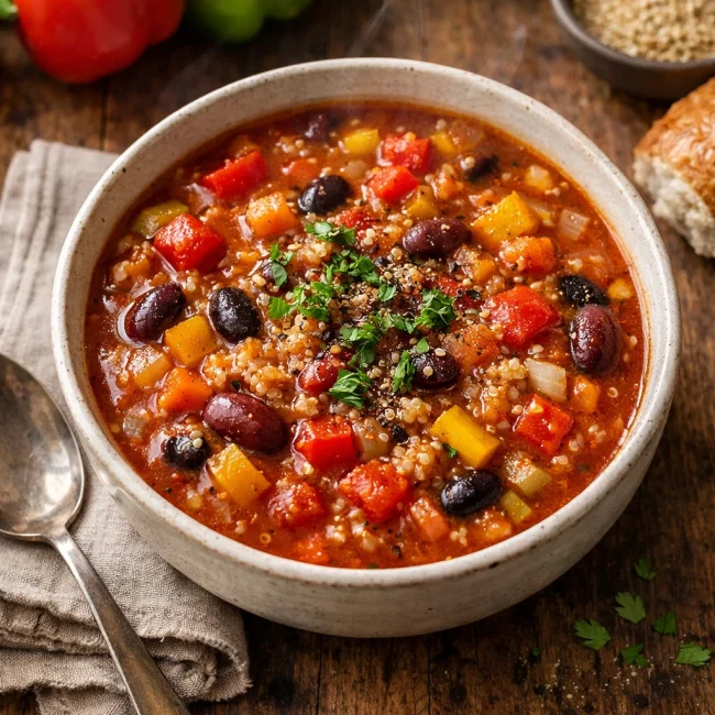 Hearty Bean & Quinoa Stuffed Pepper Soup