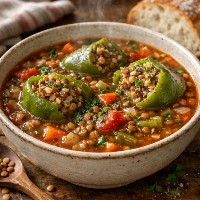 Hearty Lentil & Stuffed Green Pepper Soup