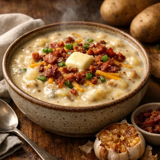Hearty Roasted Garlic Baked Potato Soup