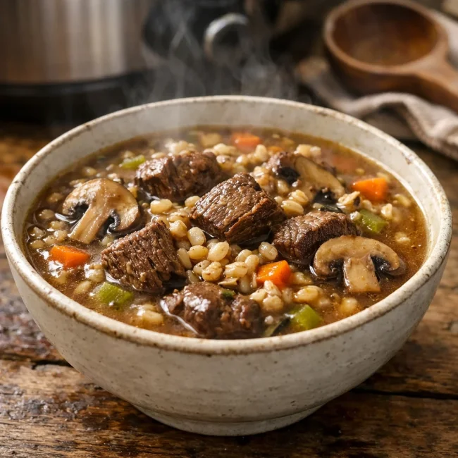 Hearty Slow Cooker Beef and Mushroom Barley Soup