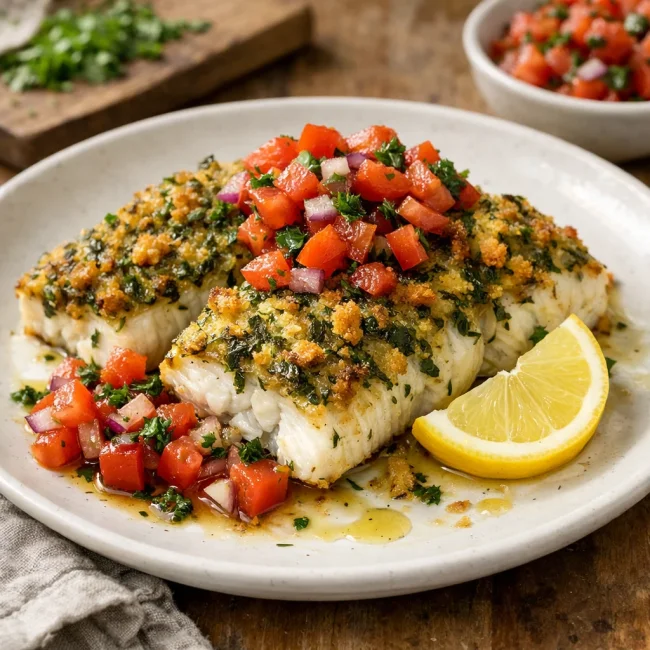 Herb-Crusted Baked Cod with Tomato Relish