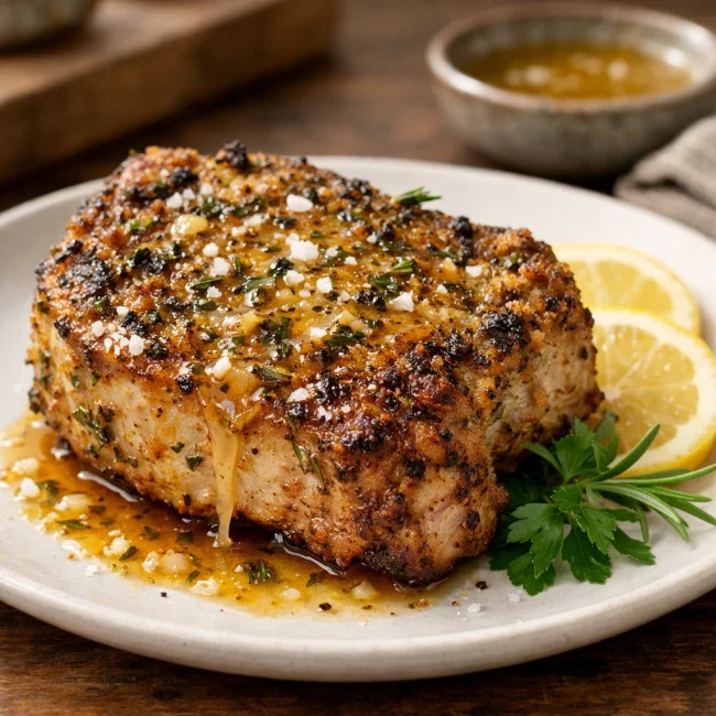 Herb-Crusted Baked Pork Chop with Lemon Garlic Glaze