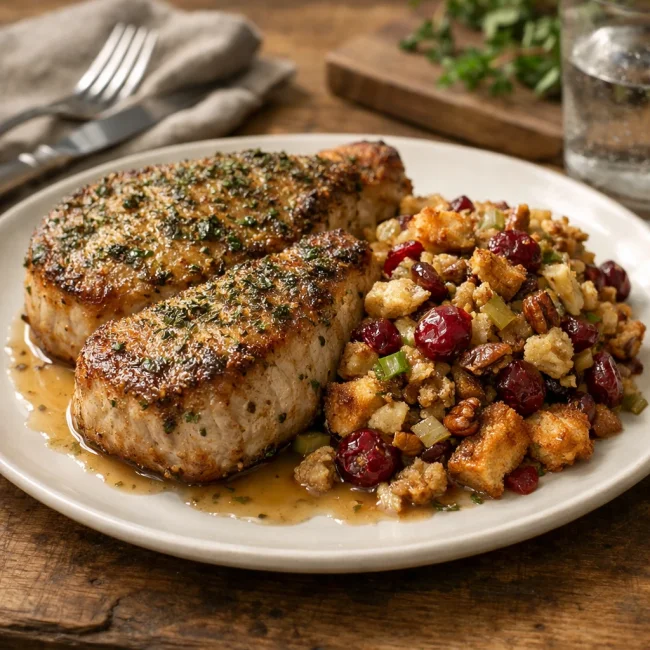 Herb-Crusted Baked Pork Chops with Cranberry Pecan Stuffing
