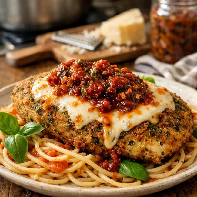 Herb-Crusted Chicken Parmesan with Sun-Dried Tomato Pesto