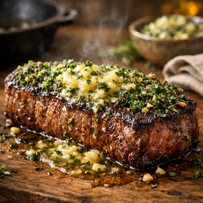 Herb-Crusted New York Strip Steak with Garlic Butter