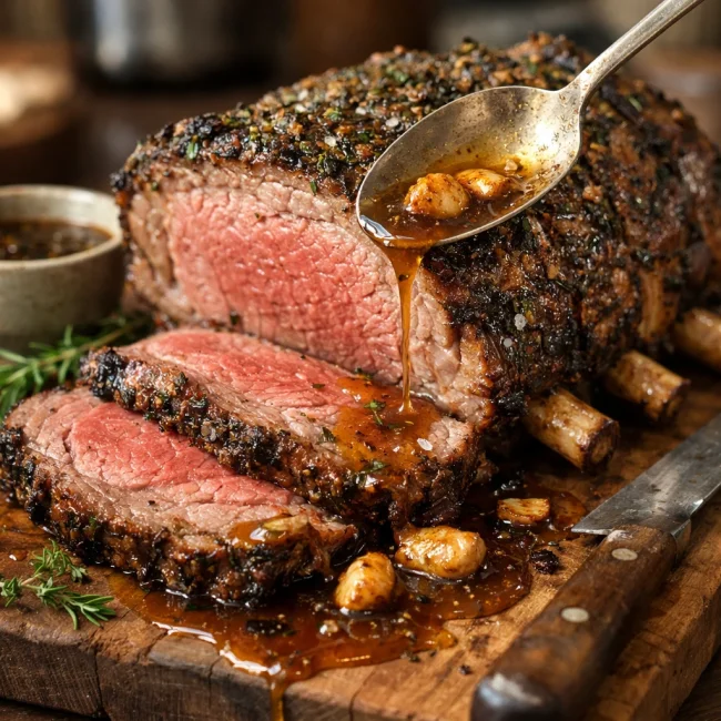 Herb-Crusted Rib Roast with Garlic Jus