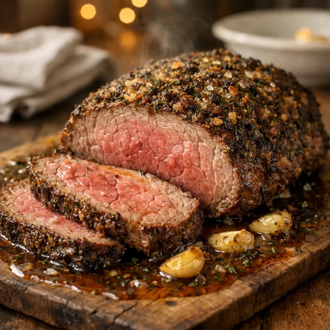 Herb-Crusted Roast Beef with Garlic Jus