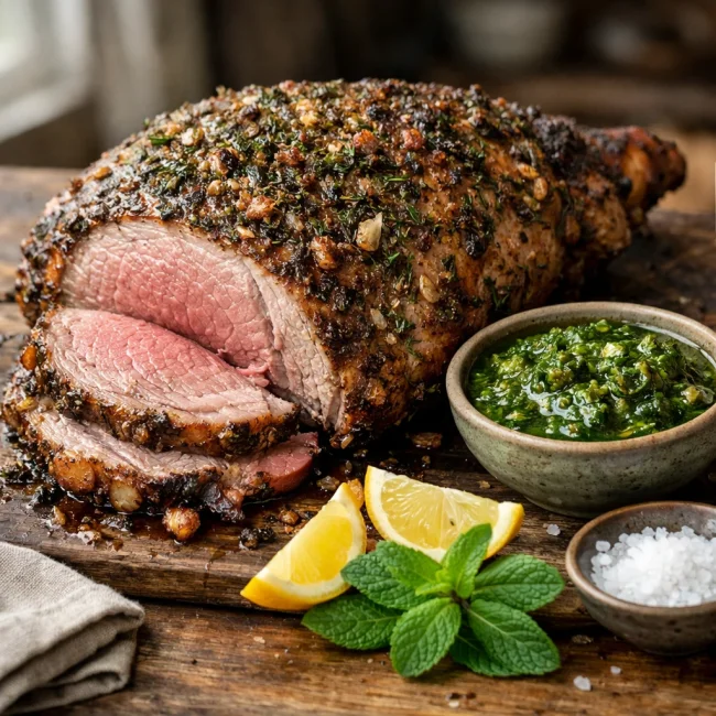 Herb-Crusted Roast Leg of Lamb with Mint Pesto