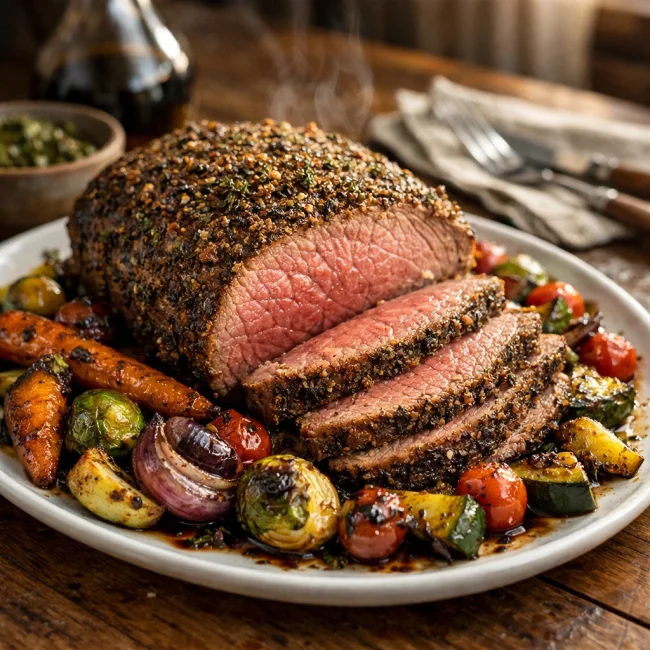 Herb-Crusted Roast Sirloin with Balsamic Vegetables