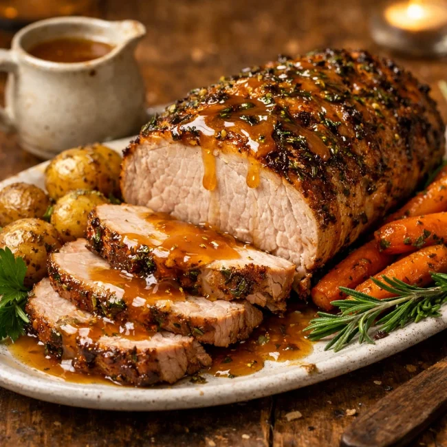 Herb-Crusted Roasted Pork Loin with Apple Cider Glaze