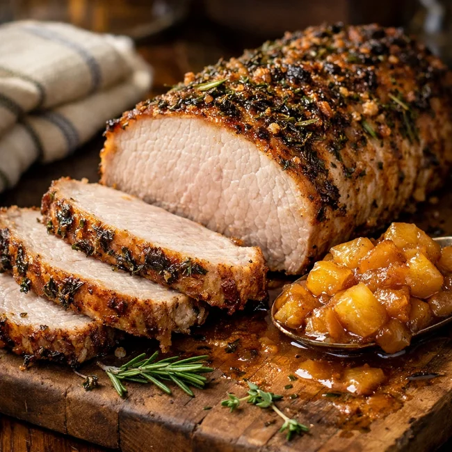 Herb-Crusted Roasted Pork Loin with Apple Compote