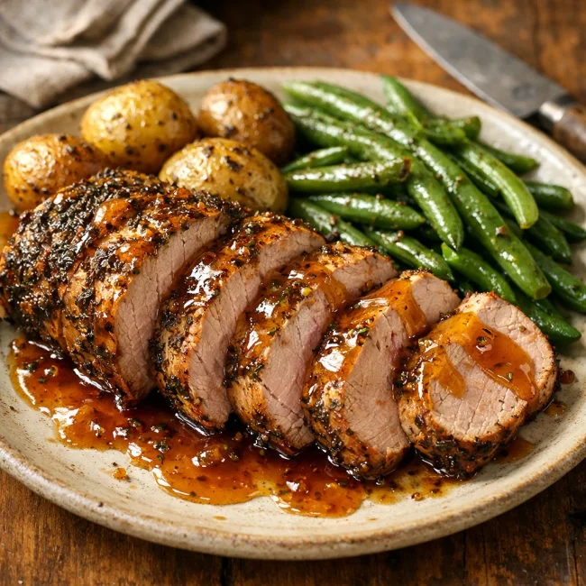 Herb-Crusted Roasted Pork Tenderloin with Apple Cider Glaze