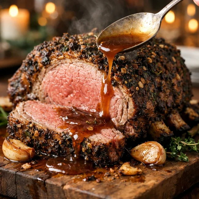 Herb-Crusted Standing Rib Roast with Garlic Jus