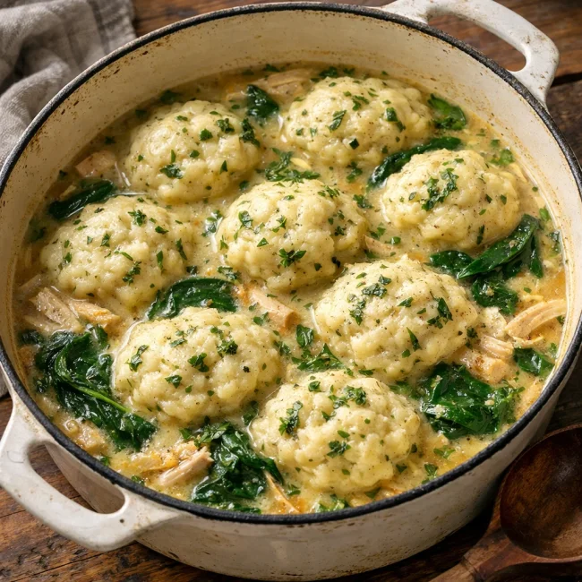 Herb-Infused Chicken and Dumplings with Spinach