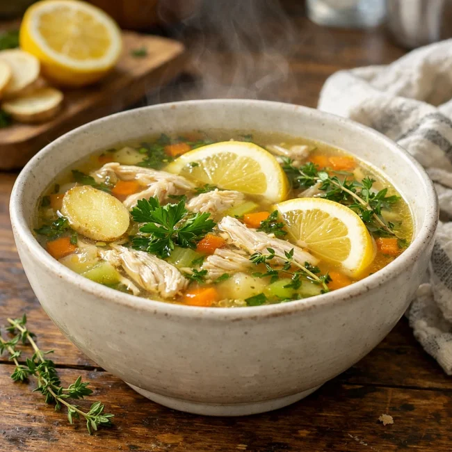 Herb-Infused Chicken Soup with Lemon and Ginger