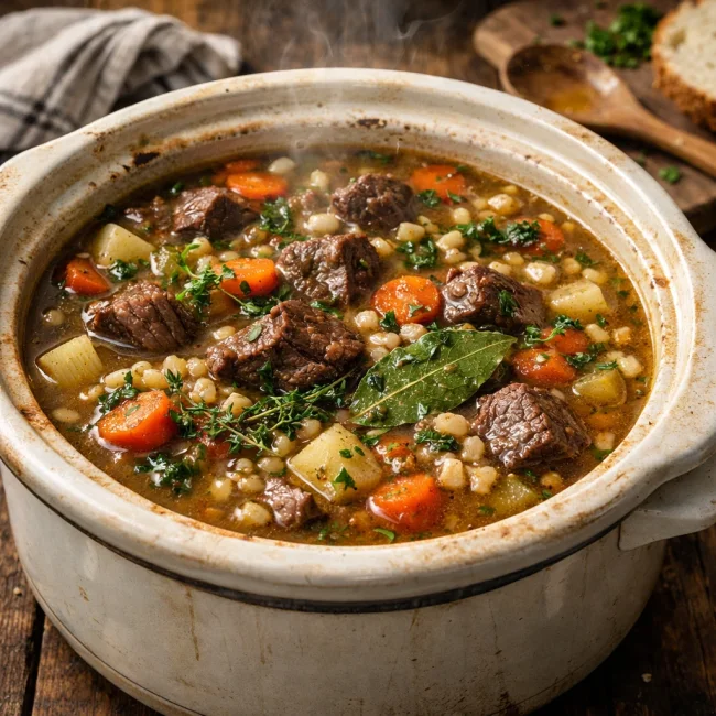 Herb-Infused Crockpot Beef Barley Soup