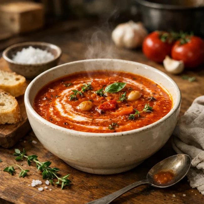 Herb-Infused Roasted Tomato and Garlic Soup