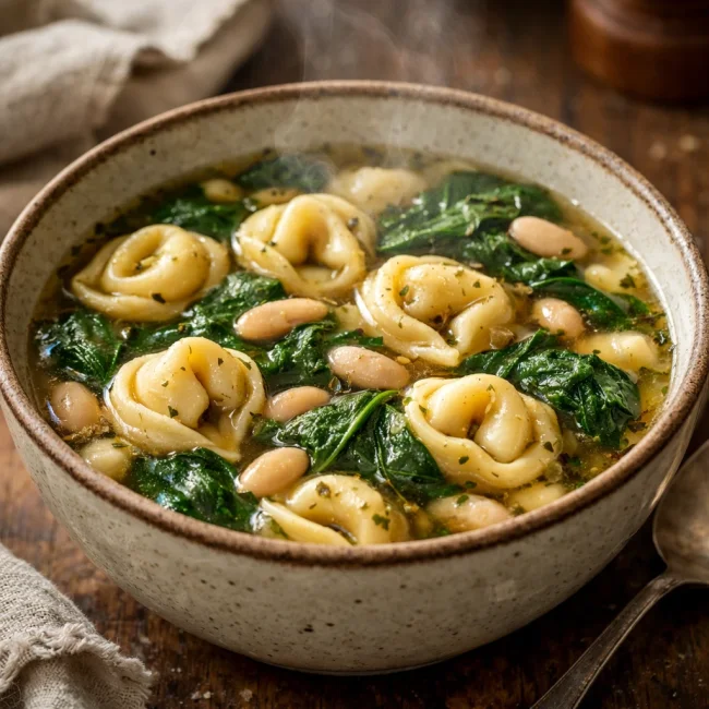 Herb-Infused Tortellini Soup with Spinach and White Beans