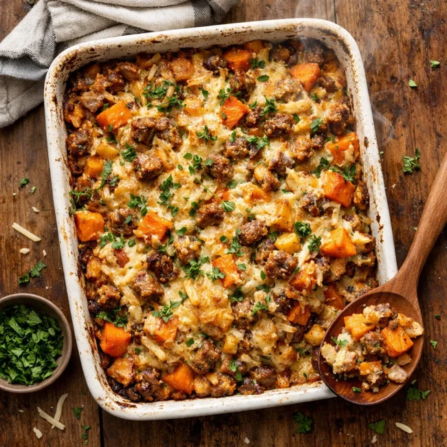 Herbed Sausage and Sweet Potato Hash Brown Bake