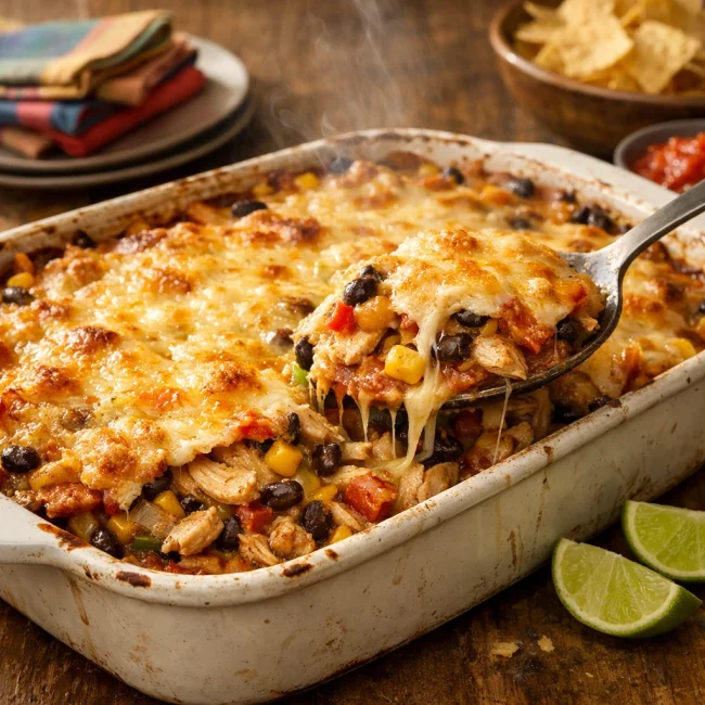 King Ranch Chicken Casserole with Black Beans and Corn