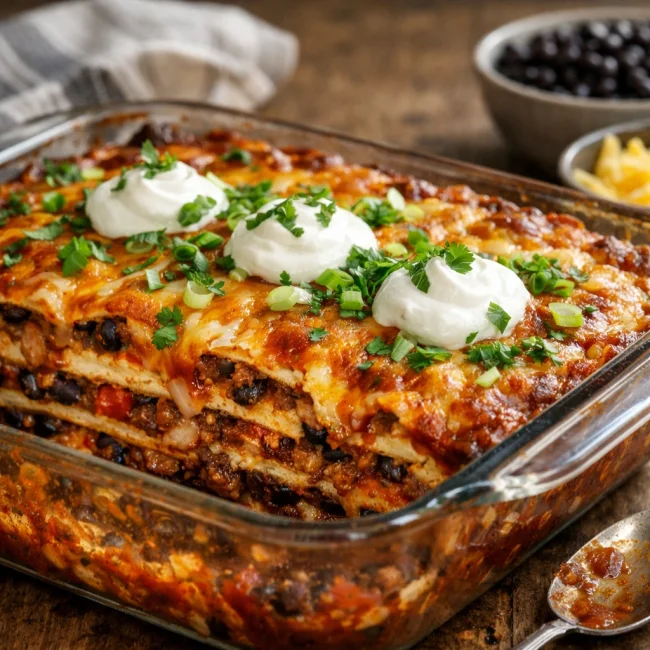 Layered Beef & Black Bean Enchilada Casserole