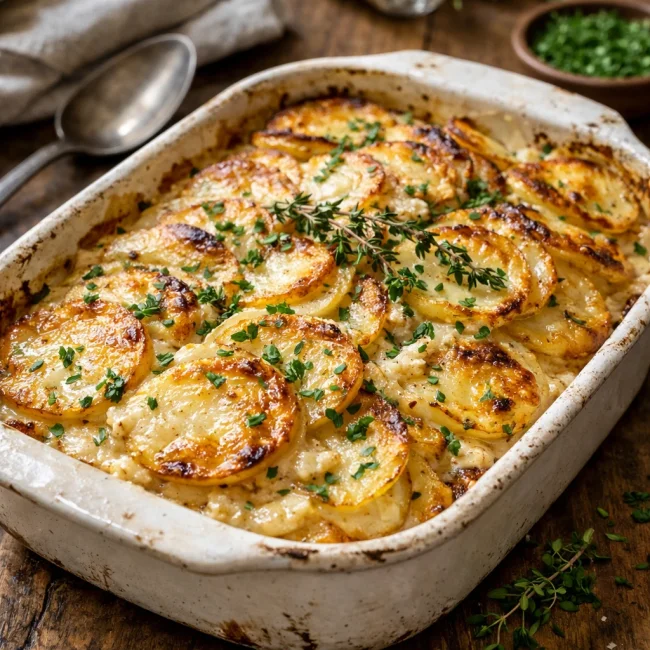 Layered Herb Scalloped Potatoes with Creamy Garlic Sauce