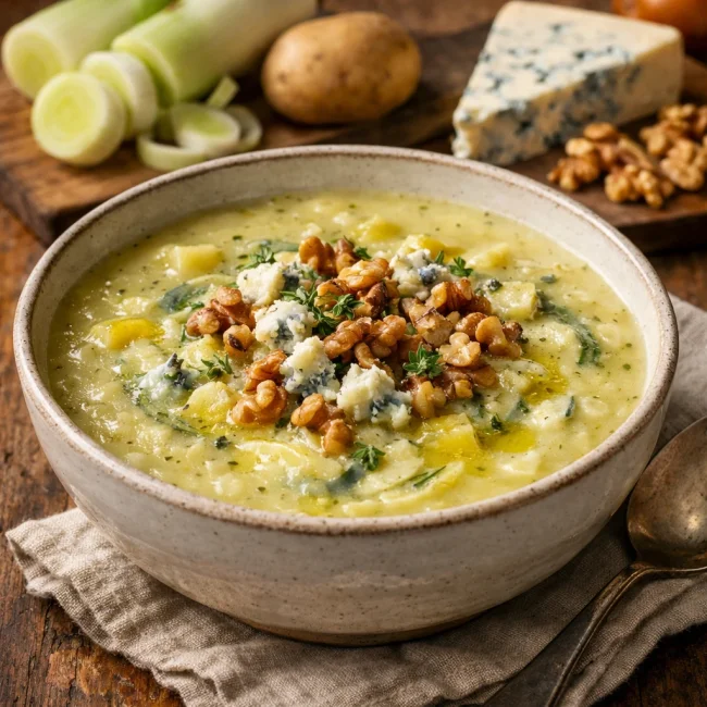 Leek and Potato Soup with Blue Cheese and Walnuts
