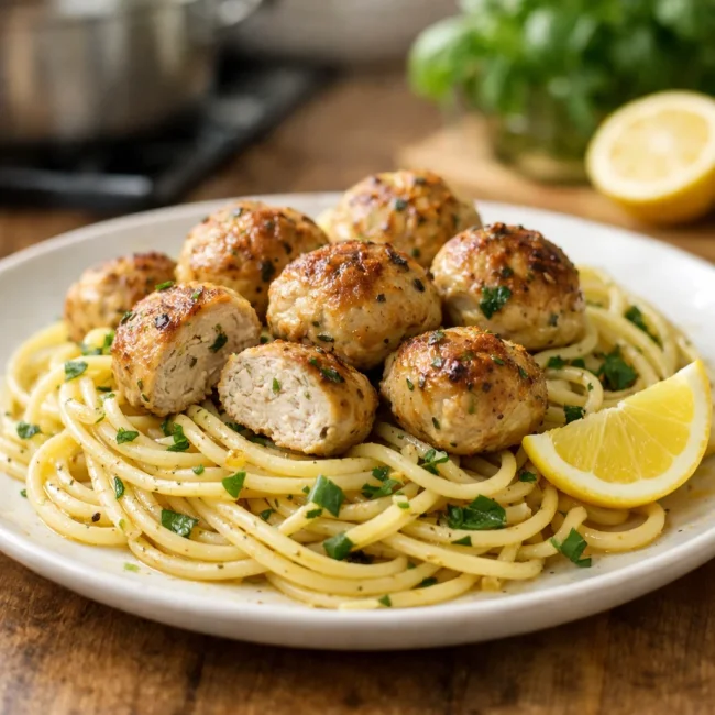 Lemon Basil Spaghetti with Chicken Meatballs