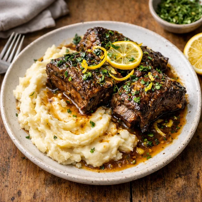 Lemon Herb Braised Short Ribs with Garlic Mashed Potatoes