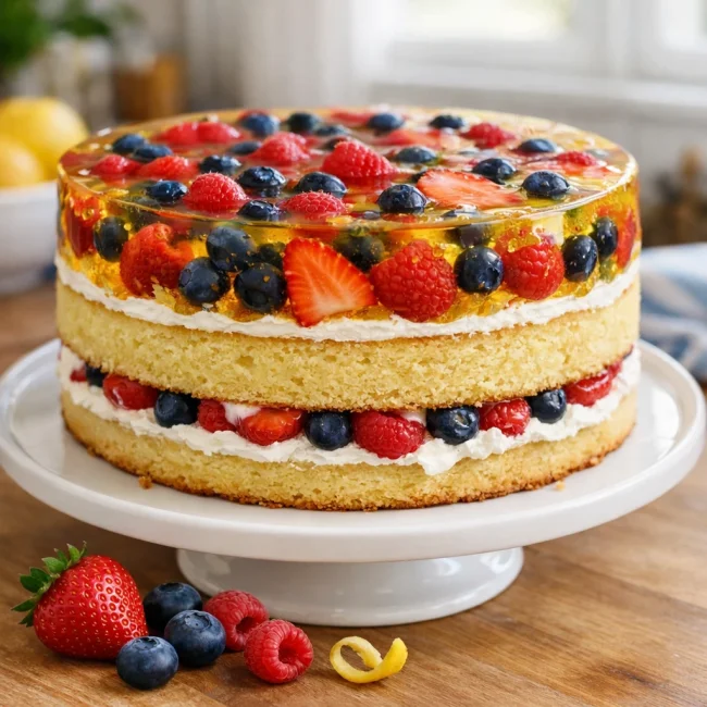 Luscious Lemon Berry Jello Cake