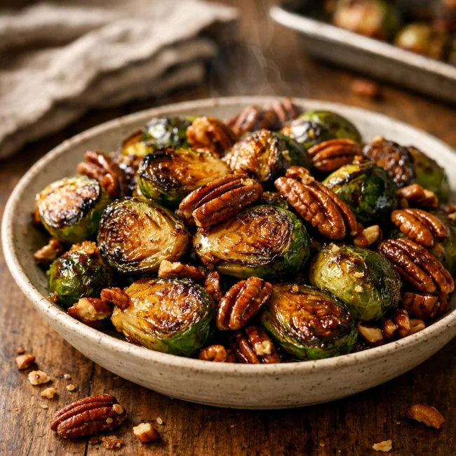 Maple Roasted Brussels Sprouts with Pecans