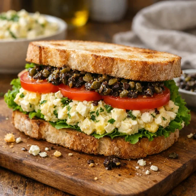 Mediterranean Egg Salad Sandwich with Feta and Olive Tapenade
