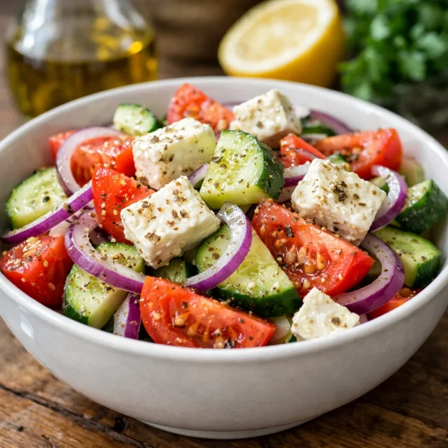 Mediterranean Tomato Cucumber Onion Salad with Feta