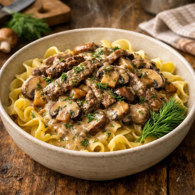 Mushroom Beef Stroganoff with Dill