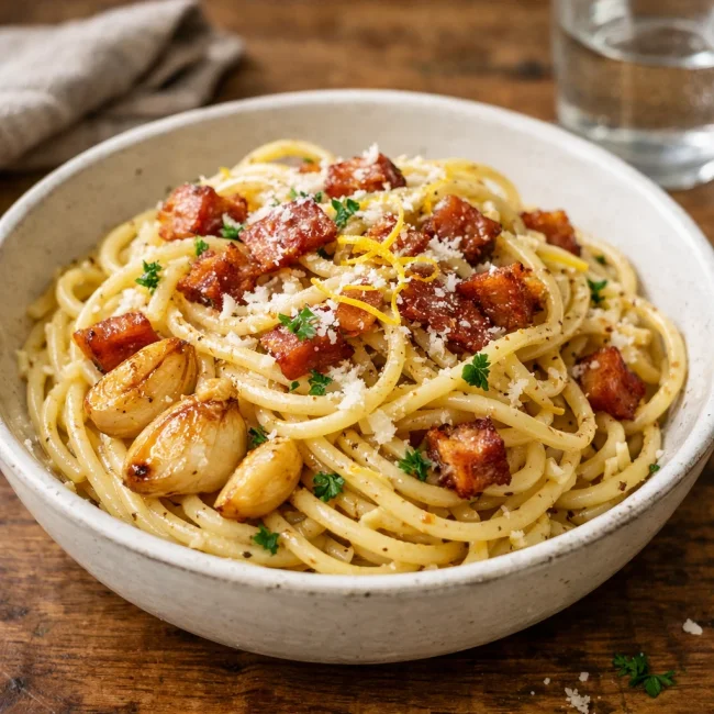 Pasta Carbonara with Roasted Garlic and Lemon Zest