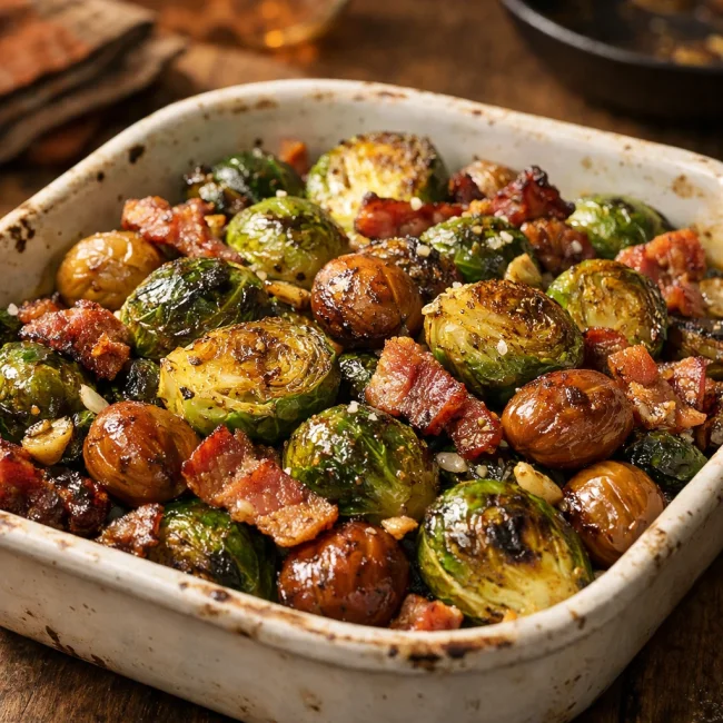 Roasted Brussels Sprouts with Bacon and Chestnuts