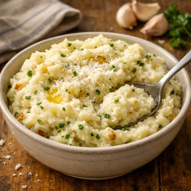 Roasted Garlic and Herb Mashed Potatoes with Parmesan