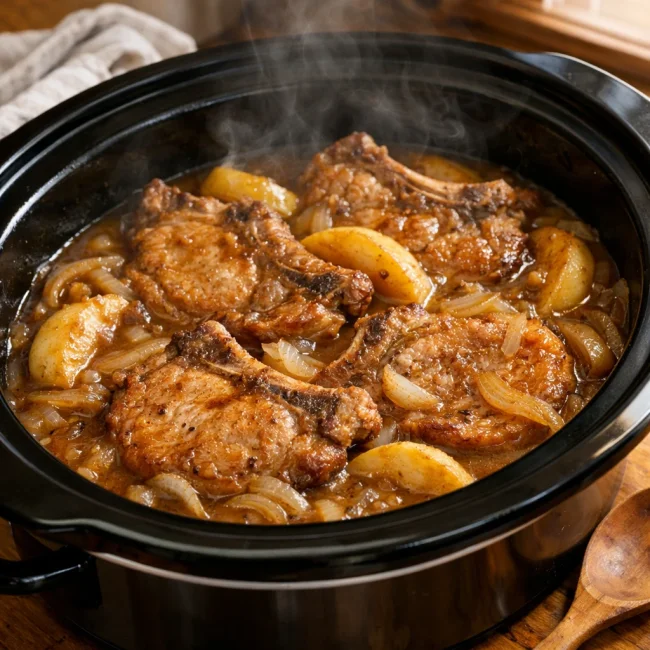 Savory Apple & Onion Crockpot Pork Chops