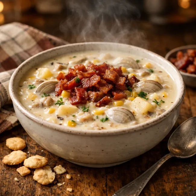 Savory Bacon and Corn Clam Chowder