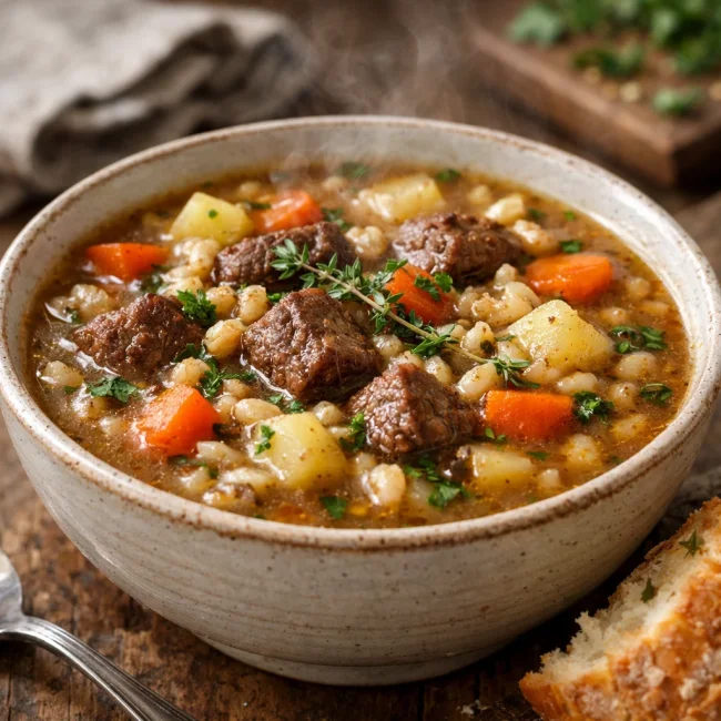 Savory Beef Barley Soup with Root Vegetables