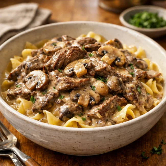 Savory Garlic Mushroom Beef Stroganoff