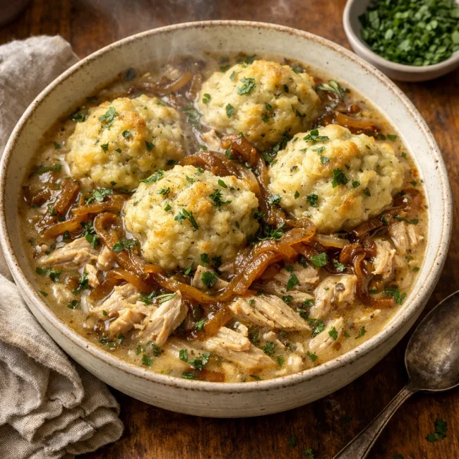 Savory Herb Chicken and Dumplings with Caramelized Onions