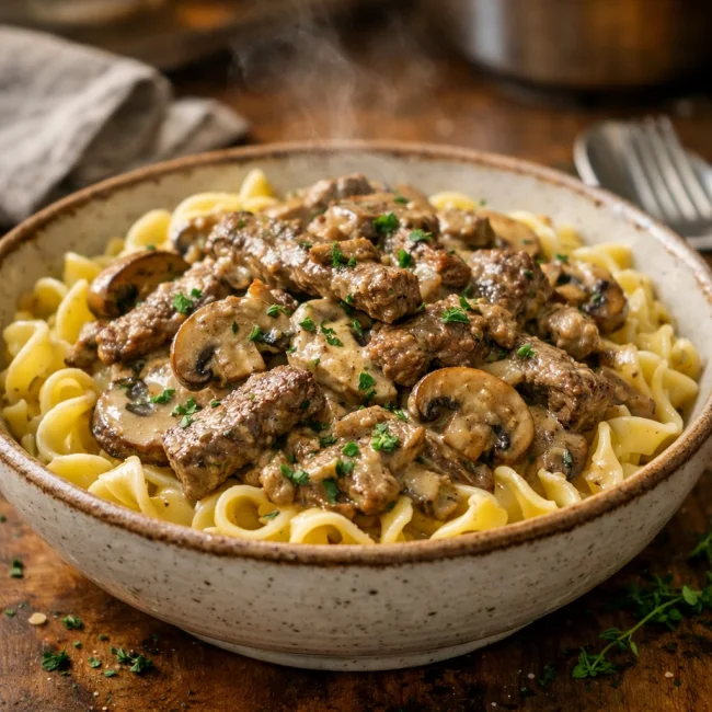 Savory Mushroom & Herb Beef Stroganoff