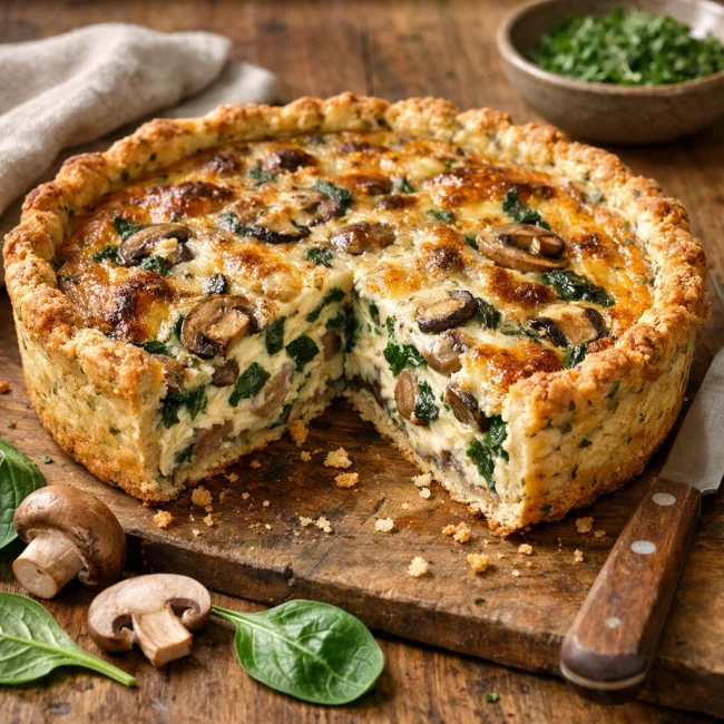 Savory Mushroom & Spinach Quiche with Garlic Herb Crust