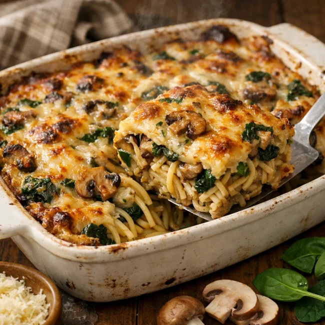 Savory Mushroom and Spinach Spaghetti Casserole